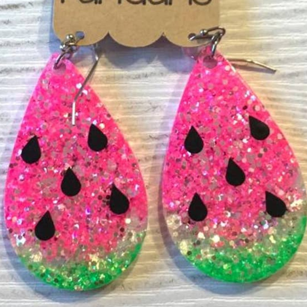 Glitter Watermelon Resin Acrylic Teardrop Dangle Earrings